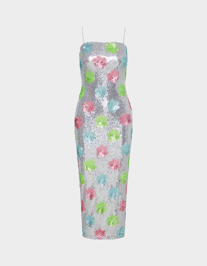 Betsey Johnson Trusted - SASSY SEQUIN DRESS SILVER MULTI Embellished Sequin Flower Maxi Dress