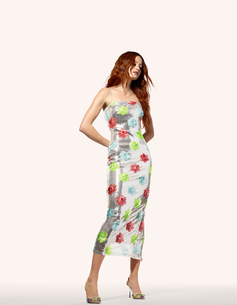 Betsey Johnson Trusted - SASSY SEQUIN DRESS SILVER MULTI Embellished Sequin Flower Maxi Dress