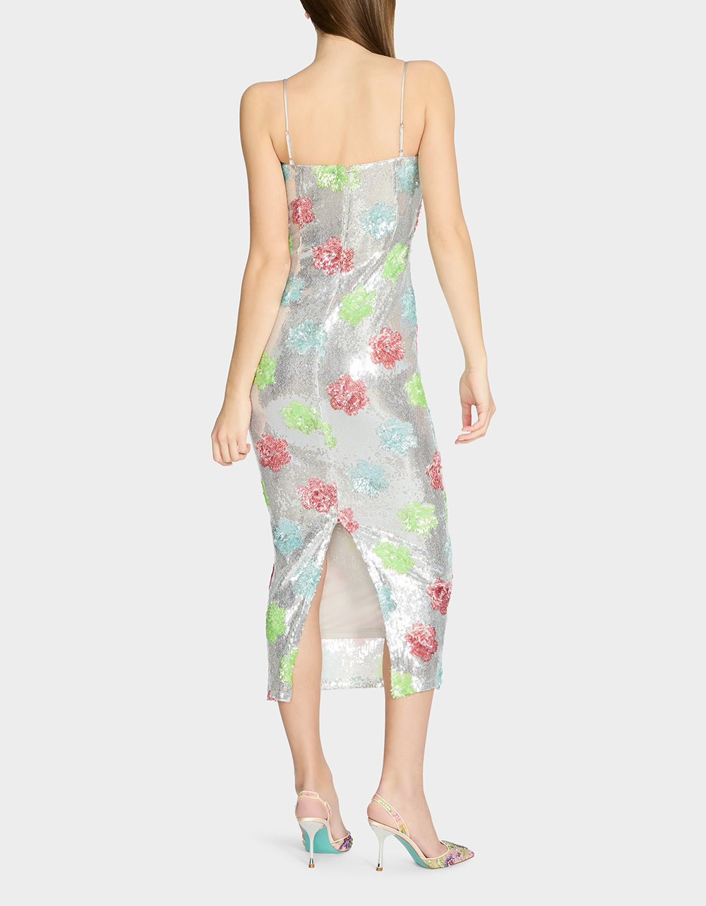 Betsey Johnson Trusted - SASSY SEQUIN DRESS SILVER MULTI Embellished Sequin Flower Maxi Dress