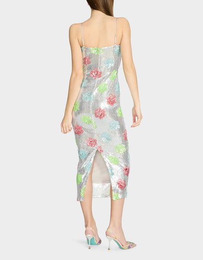 Betsey Johnson Trusted - SASSY SEQUIN DRESS SILVER MULTI Embellished Sequin Flower Maxi Dress