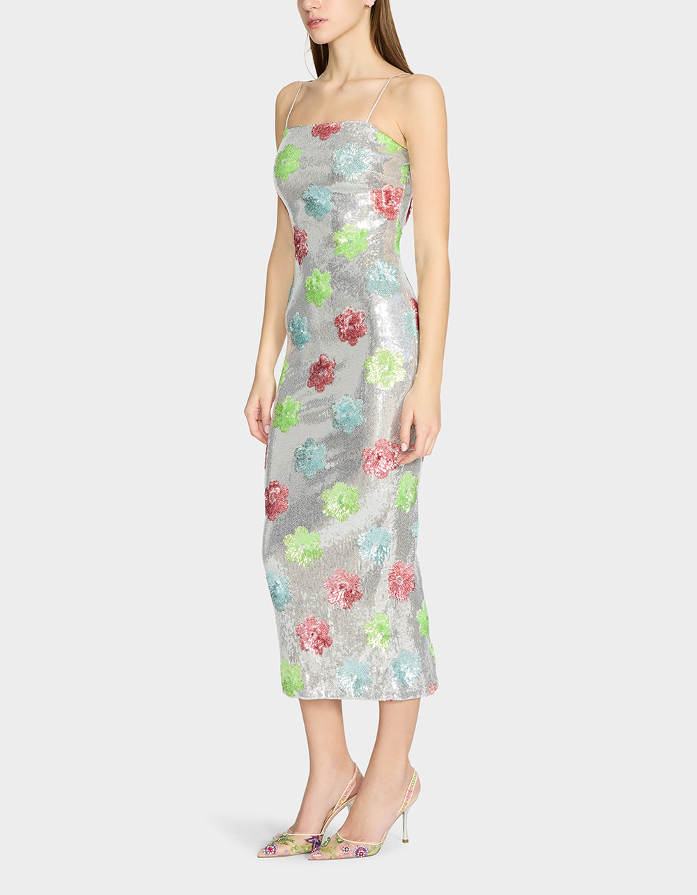 Betsey Johnson Trusted - SASSY SEQUIN DRESS SILVER MULTI Embellished Sequin Flower Maxi Dress