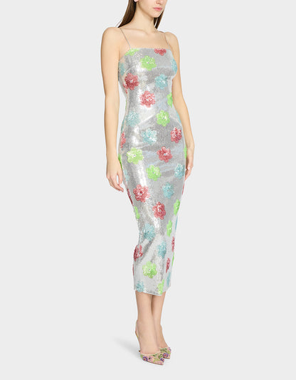 Betsey Johnson Trusted - SASSY SEQUIN DRESS SILVER MULTI Embellished Sequin Flower Maxi Dress