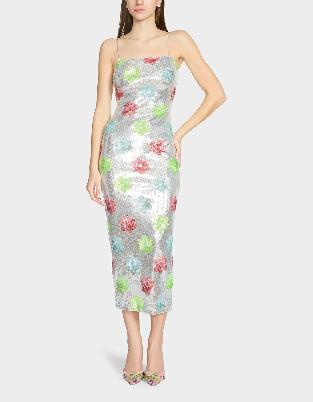 Betsey Johnson Trusted - SASSY SEQUIN DRESS SILVER MULTI Embellished Sequin Flower Maxi Dress