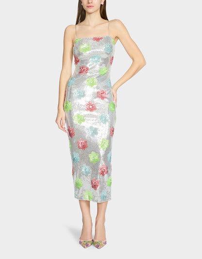 Betsey Johnson Trusted - SASSY SEQUIN DRESS SILVER MULTI Embellished Sequin Flower Maxi Dress