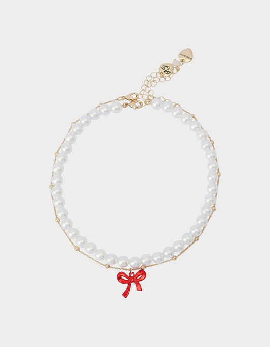 Betsey Johnson Hot Sale - PEARL BOW NECLAKCE SET RED Women's Pearl Bow Valentine's Day Necklace Set