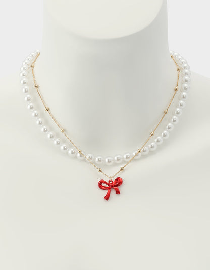 Betsey Johnson Hot Sale - PEARL BOW NECLAKCE SET RED Women's Pearl Bow Valentine's Day Necklace Set