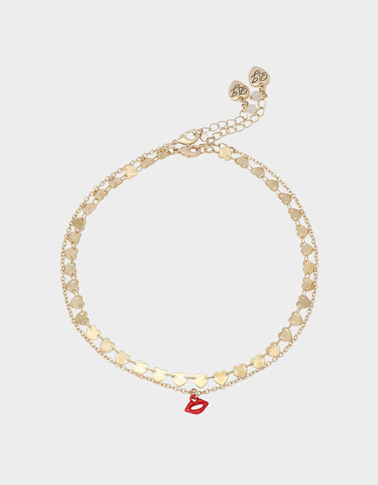 Betsey Johnson Classic - LIPS NECKLACE SET RED Women's Gold Heart Chain Lip Valentine's Day Necklace Set
