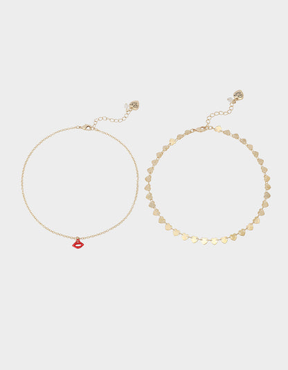 Betsey Johnson Classic - LIPS NECKLACE SET RED Women's Gold Heart Chain Lip Valentine's Day Necklace Set