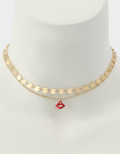 Betsey Johnson Classic - LIPS NECKLACE SET RED Women's Gold Heart Chain Lip Valentine's Day Necklace Set