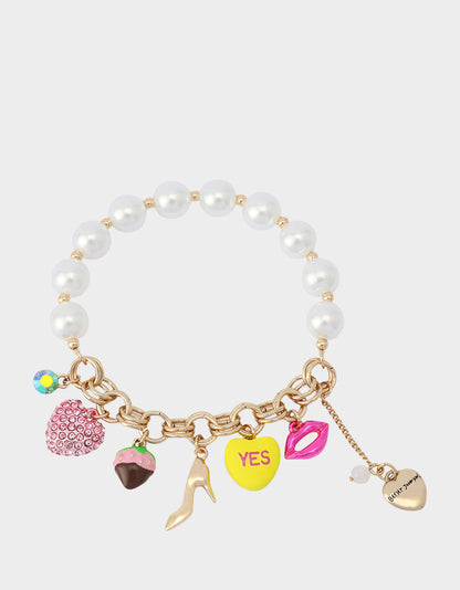 Betsey Johnson New - SWEETHEART CHARM STRETCH BRACELET PEARL Women's Valentine's Day Stretch Charm Pearl Bracelet