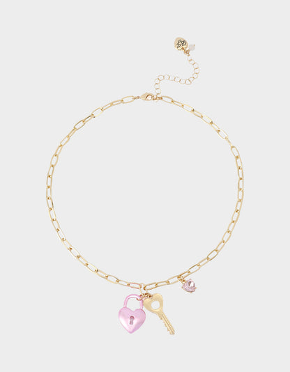 Betsey Johnson Trusted - HEART LOCK SHORT PENDANT NECKLACE PINK Women's Valentine's Day Heart Pendant Necklace