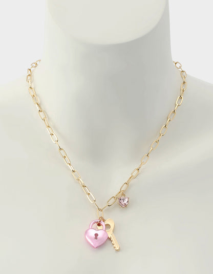 Betsey Johnson Trusted - HEART LOCK SHORT PENDANT NECKLACE PINK Women's Valentine's Day Heart Pendant Necklace
