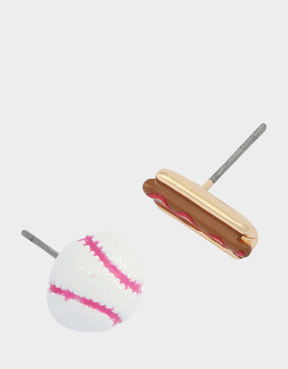 Betsey Johnson Great Value - MISMATCH HOTDOG BASEBALL STUDS WHITE Sports-Themed Hotdog Women's Earrings