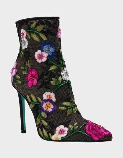 Betsey Johnson New - ANITA BLACK MULTI FLORAL Pointed-Toe Heeled Ankle Boot