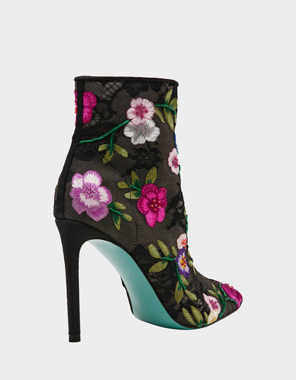 Betsey Johnson New - ANITA BLACK MULTI FLORAL Pointed-Toe Heeled Ankle Boot