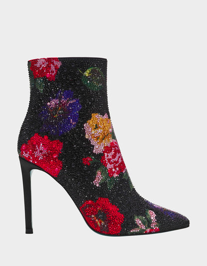 Betsey Johnson Featured - BELLE BLACK FLOWER MULTI Women's Rhinestone Pointed Toe Ankle Bootie