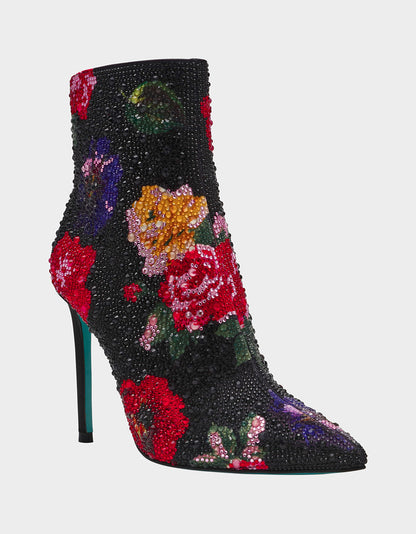 Betsey Johnson Featured - BELLE BLACK FLOWER MULTI Women's Rhinestone Pointed Toe Ankle Bootie