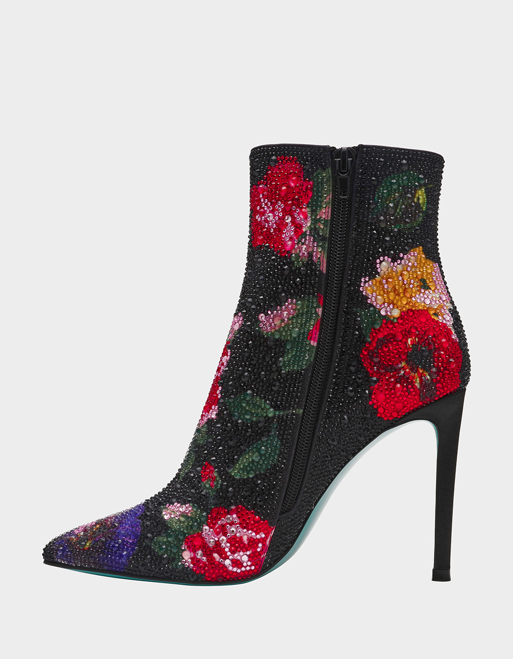 Betsey Johnson Featured - BELLE BLACK FLOWER MULTI Women's Rhinestone Pointed Toe Ankle Bootie
