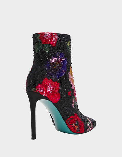 Betsey Johnson Featured - BELLE BLACK FLOWER MULTI Women's Rhinestone Pointed Toe Ankle Bootie