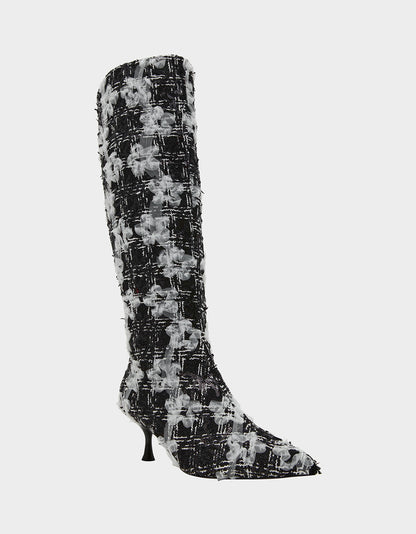 Betsey Johnson Everyday - MAXXINE BLACK WHITE MULTI Pointed-Toe Knee-High Kitten Heel Women's Boot