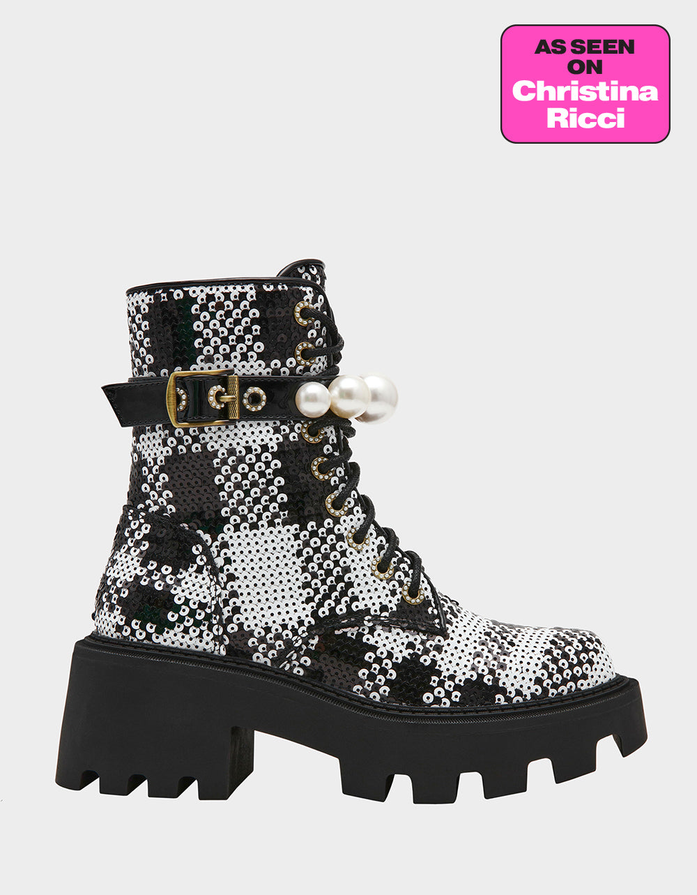 Betsey Johnson Classic - JONNIE BLACK WHITE PLAID Lace-Up Platform Combat Women's Ankle Boot