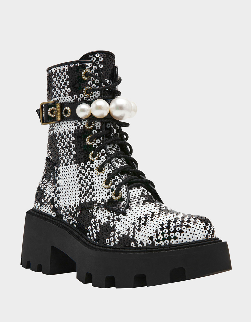 Betsey Johnson Classic - JONNIE BLACK WHITE PLAID Lace-Up Platform Combat Women's Ankle Boot