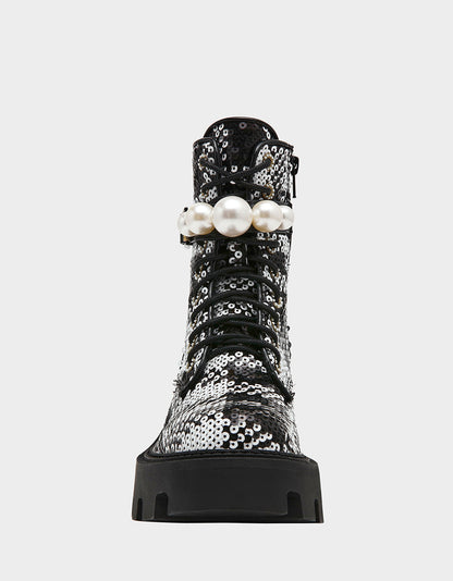 Betsey Johnson Classic - JONNIE BLACK WHITE PLAID Lace-Up Platform Combat Women's Ankle Boot