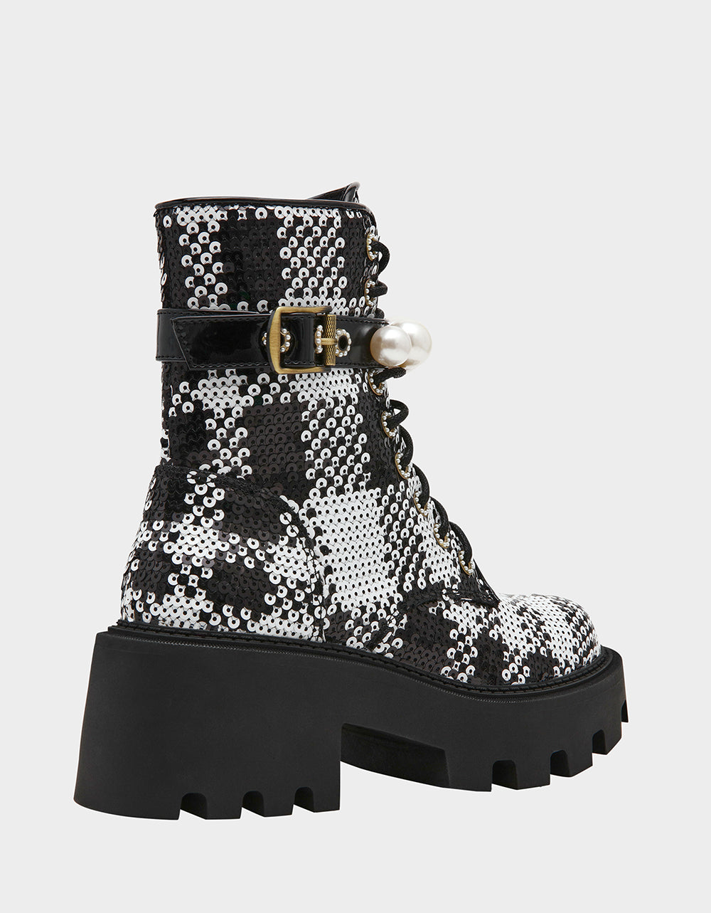 Betsey Johnson Classic - JONNIE BLACK WHITE PLAID Lace-Up Platform Combat Women's Ankle Boot
