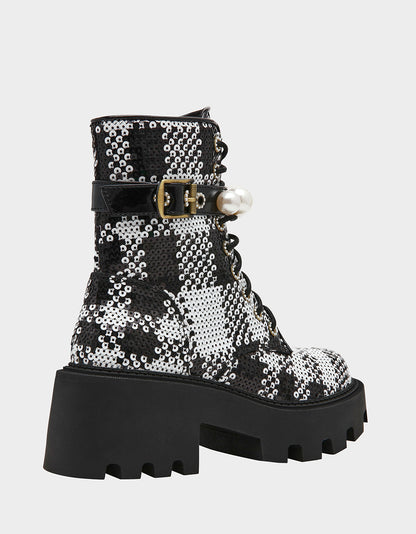 Betsey Johnson Classic - JONNIE BLACK WHITE PLAID Lace-Up Platform Combat Women's Ankle Boot