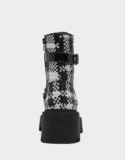 Betsey Johnson Classic - JONNIE BLACK WHITE PLAID Lace-Up Platform Combat Women's Ankle Boot