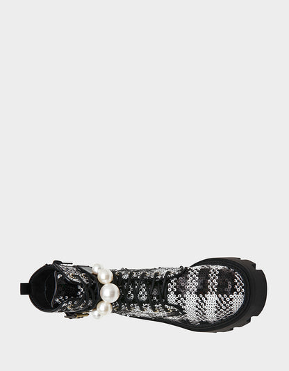 Betsey Johnson Classic - JONNIE BLACK WHITE PLAID Lace-Up Platform Combat Women's Ankle Boot