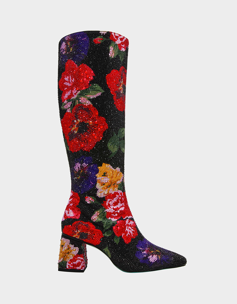 Betsey Johnson Top Pick - AVON BLACK FLOWER MULTI Women's Knee High Rhinestone Floral Boots