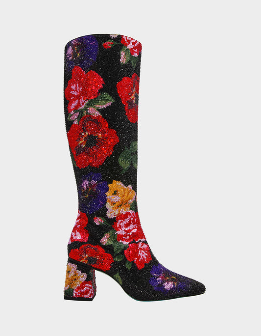 Betsey Johnson Top Pick - AVON BLACK FLOWER MULTI Women's Knee High Rhinestone Floral Boots