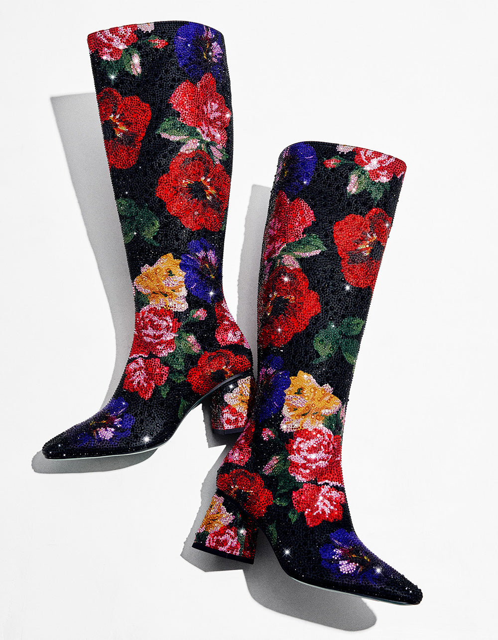 Betsey Johnson Top Pick - AVON BLACK FLOWER MULTI Women's Knee High Rhinestone Floral Boots