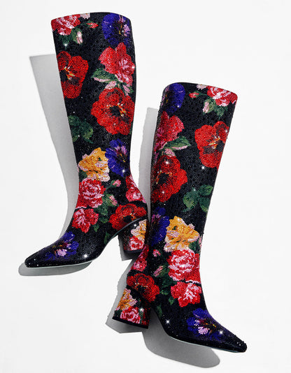 Betsey Johnson Top Pick - AVON BLACK FLOWER MULTI Women's Knee High Rhinestone Floral Boots