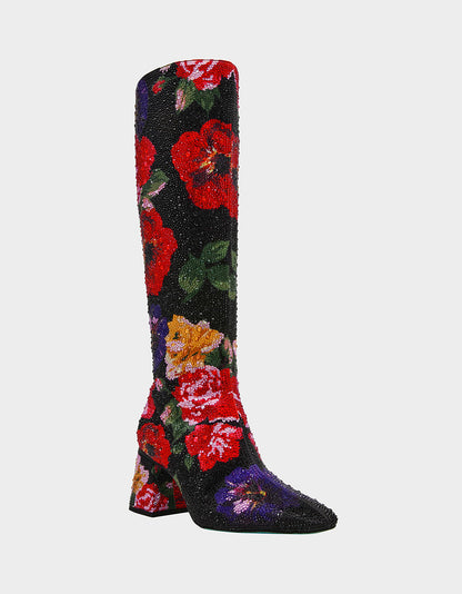 Betsey Johnson Top Pick - AVON BLACK FLOWER MULTI Women's Knee High Rhinestone Floral Boots