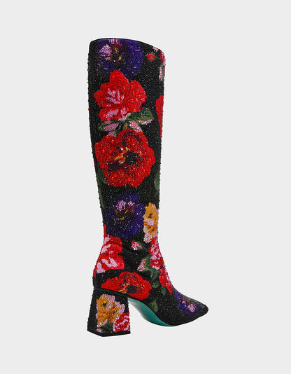 Betsey Johnson Top Pick - AVON BLACK FLOWER MULTI Women's Knee High Rhinestone Floral Boots