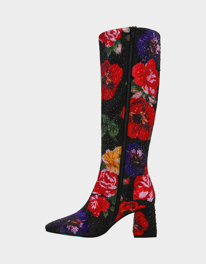 Betsey Johnson Top Pick - AVON BLACK FLOWER MULTI Women's Knee High Rhinestone Floral Boots