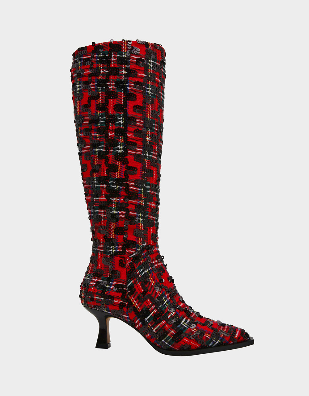 Betsey Johnson Best Seller - PAMELLA RED PLAID Women's Knee High Kitten Heel Boot with Pointed Toe