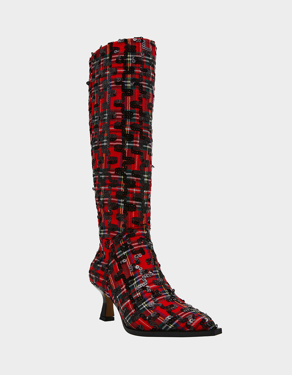 Betsey Johnson Best Seller - PAMELLA RED PLAID Women's Knee High Kitten Heel Boot with Pointed Toe