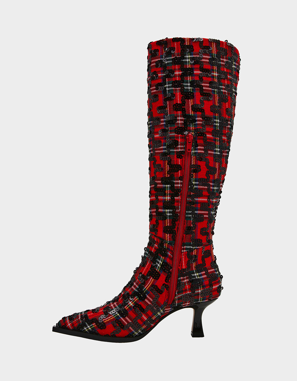 Betsey Johnson Best Seller - PAMELLA RED PLAID Women's Knee High Kitten Heel Boot with Pointed Toe