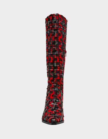Betsey Johnson Best Seller - PAMELLA RED PLAID Women's Knee High Kitten Heel Boot with Pointed Toe