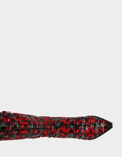 Betsey Johnson Best Seller - PAMELLA RED PLAID Women's Knee High Kitten Heel Boot with Pointed Toe