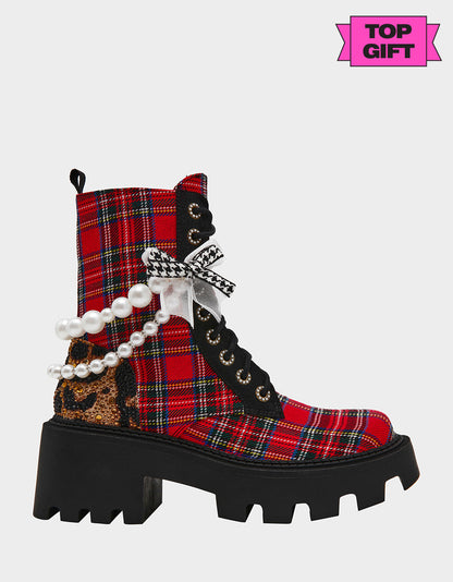 Betsey Johnson Great Value - HARIETT RED PLAID Platform Lace-Up Lug Combat Pearl Women's Ankle Boot