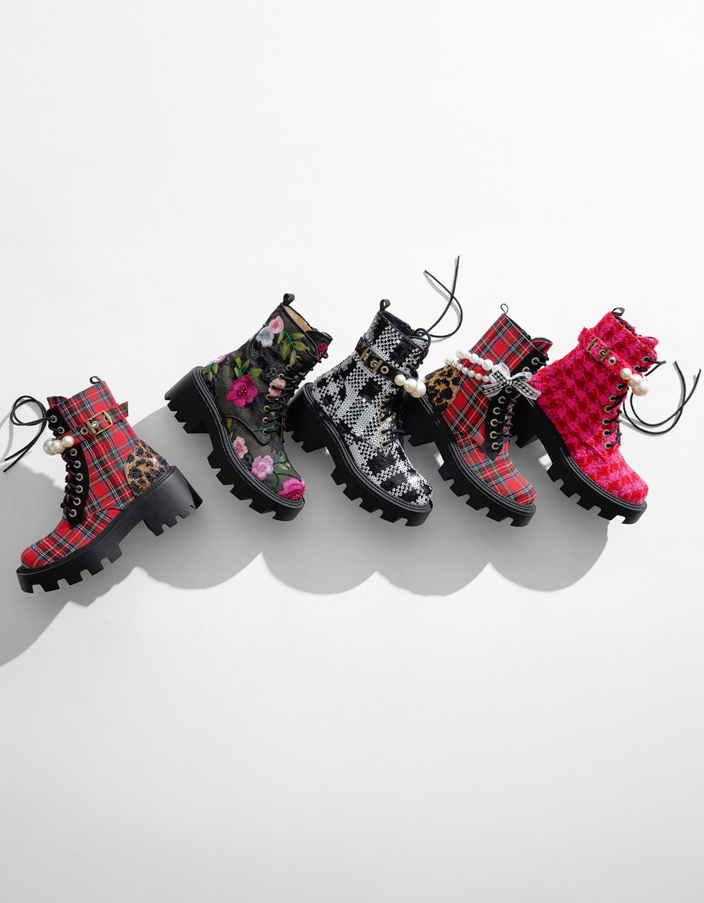 Betsey Johnson Great Value - HARIETT RED PLAID Platform Lace-Up Lug Combat Pearl Women's Ankle Boot