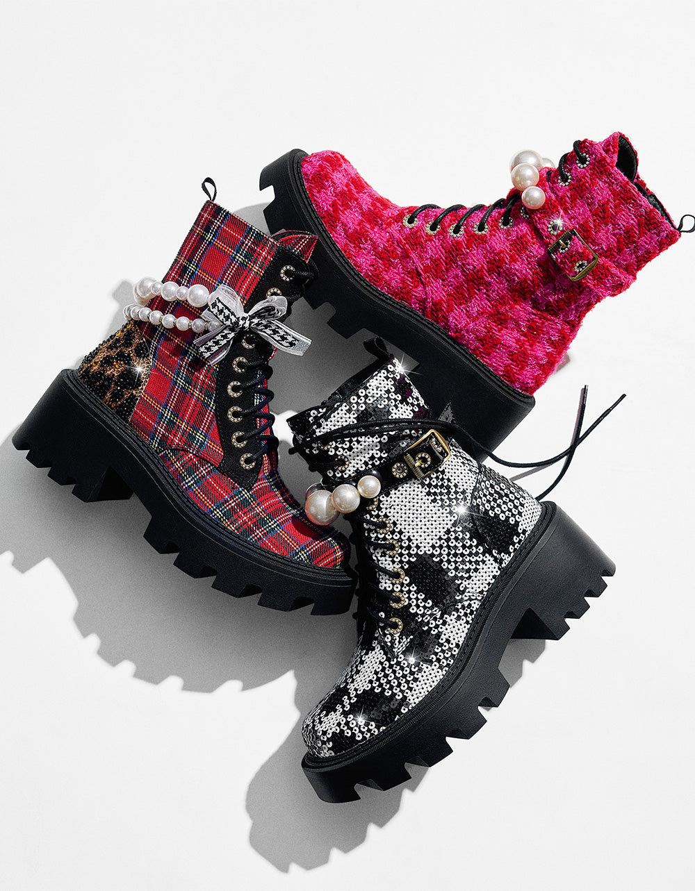 Betsey Johnson Great Value - HARIETT RED PLAID Platform Lace-Up Lug Combat Pearl Women's Ankle Boot