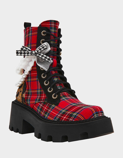 Betsey Johnson Great Value - HARIETT RED PLAID Platform Lace-Up Lug Combat Pearl Women's Ankle Boot