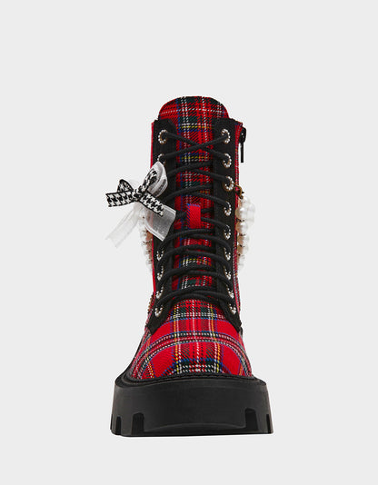 Betsey Johnson Great Value - HARIETT RED PLAID Platform Lace-Up Lug Combat Pearl Women's Ankle Boot