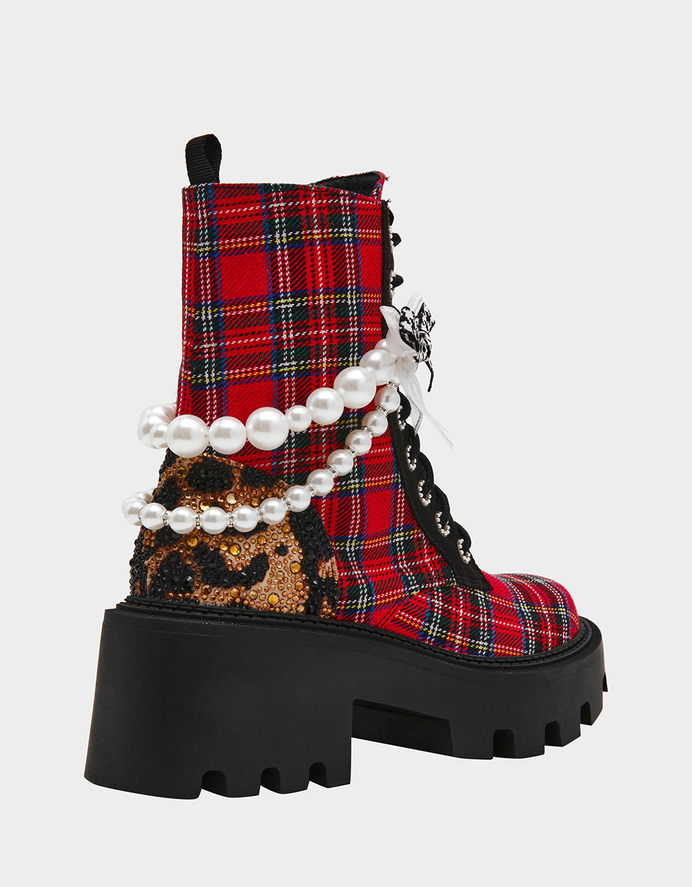 Betsey Johnson Great Value - HARIETT RED PLAID Platform Lace-Up Lug Combat Pearl Women's Ankle Boot