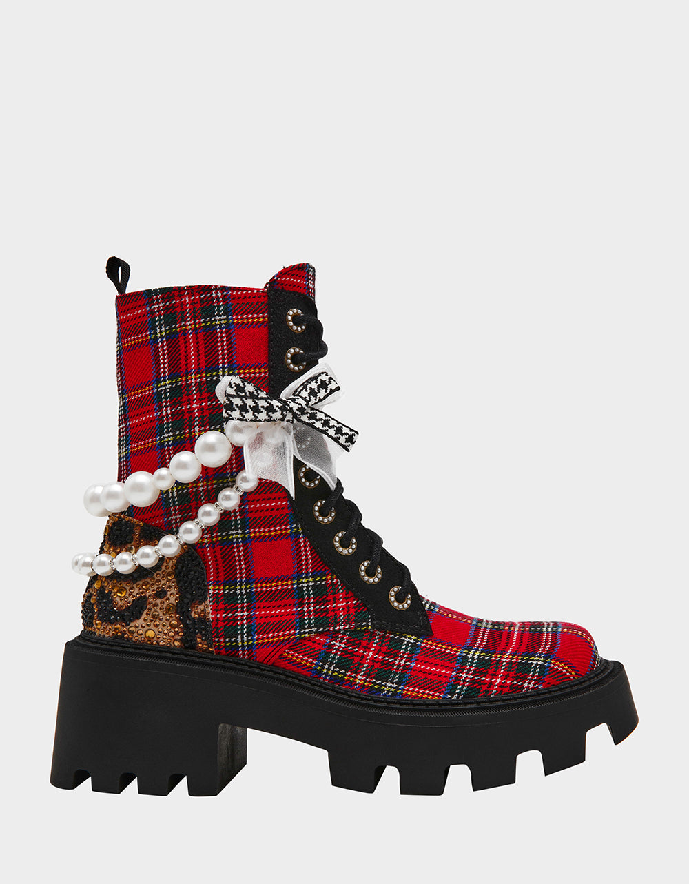 Betsey Johnson Great Value - HARIETT RED PLAID Platform Lace-Up Lug Combat Pearl Women's Ankle Boot